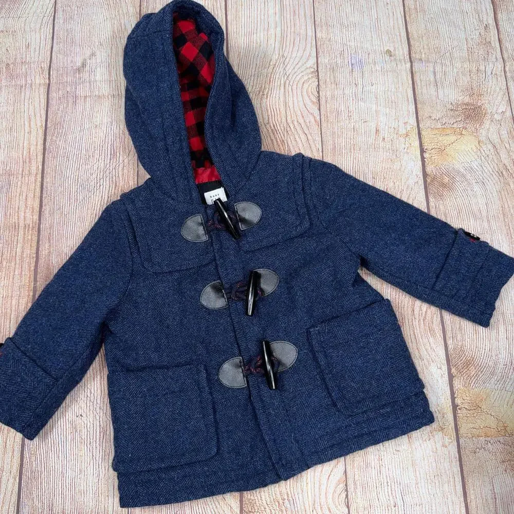 Baby GAP 6-12 Month Blue Duffle Coat with Red Plaid Lining